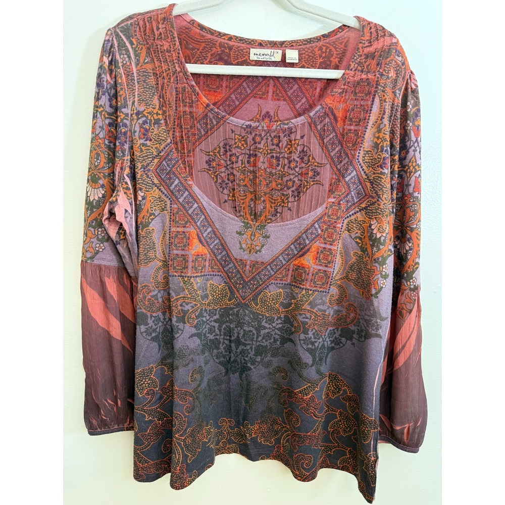 Emerald Brand Womens Blouse Plus Size 1X Boho Artsy Earth colors Long sleeves